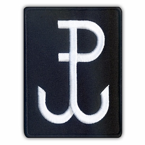 May include: A square, black patch with a white embroidered symbol. The symbol is a stylized anchor with the letter "P" integrated into the design. The patch has a black border and is set against a white background.