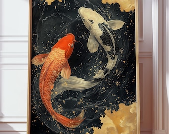 Koifiskposter – Röd och svart guld Yin Yang japansk väggkonst för zen heminredning, andlig karptryck, asiatisk konstverk