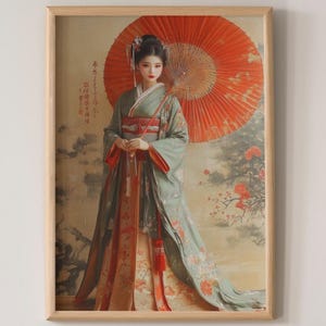 以下が含まれることがあります： 伝統的な日本の衣装を着た女性が赤い日傘を持っている額入りのプリント。このアートワークは、花の要素を備えた穏やかな風景を特徴としています。文字「C」の白いマグカップが丸いテーブルの上にあります。