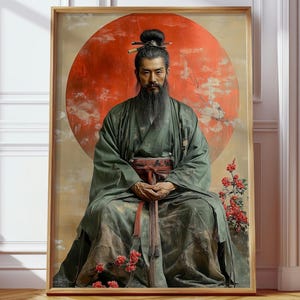 Peut inclure: Portrait encadré d'un homme en tenue japonaise traditionnelle. L'homme a une longue barbe noire et porte une robe verte avec une ceinture rouge. Un grand cercle rouge est derrière lui, et des fleurs rouges sont au premier plan.