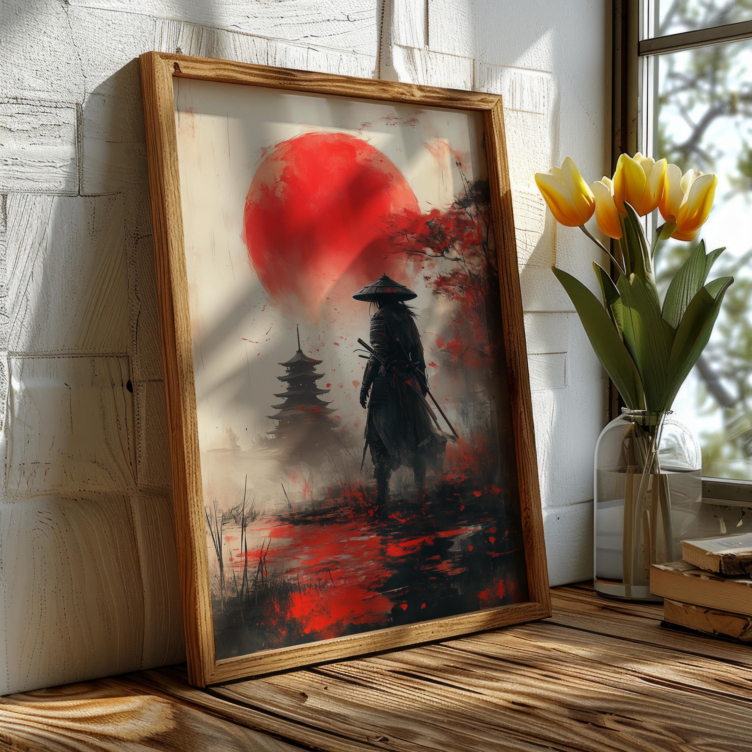 Japanese Samurai Pagoda Poster – Red Sun Katana Wall Art, Ronin