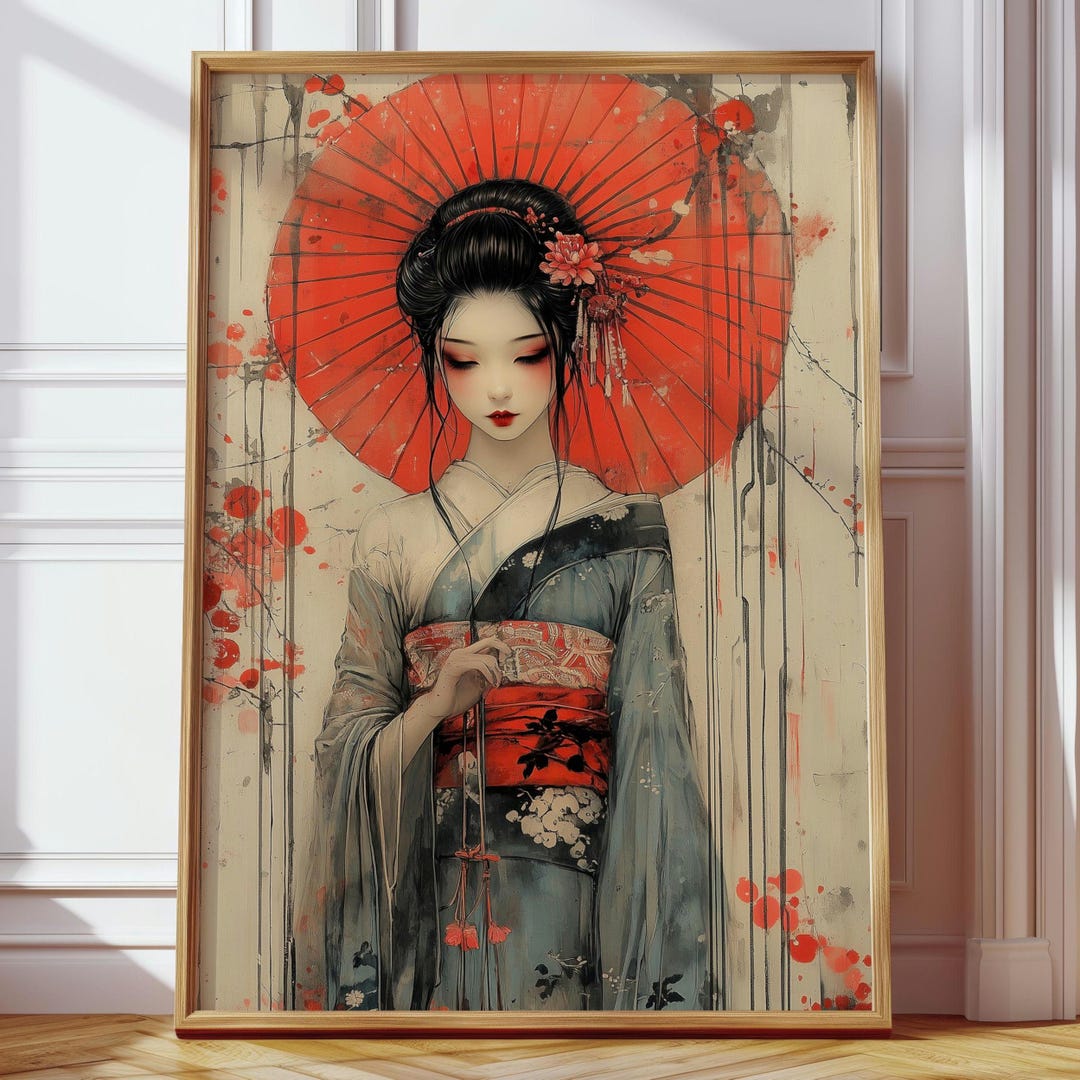 Japanese Geisha Poster | Japanese Minimal Art Print | Red Umbrella Wall ...