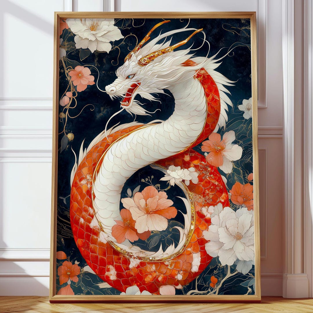 Japanese Dragon Poster Wall Art | Red Dragon Floral Print | Asian ...