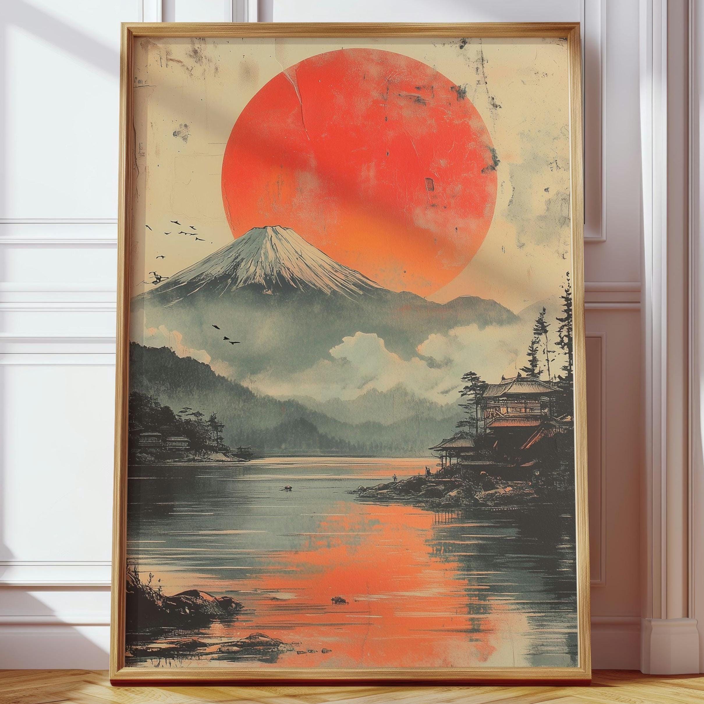Japanese Wall Art – Vintage Mount Fuji Sunset Poster, Traditional