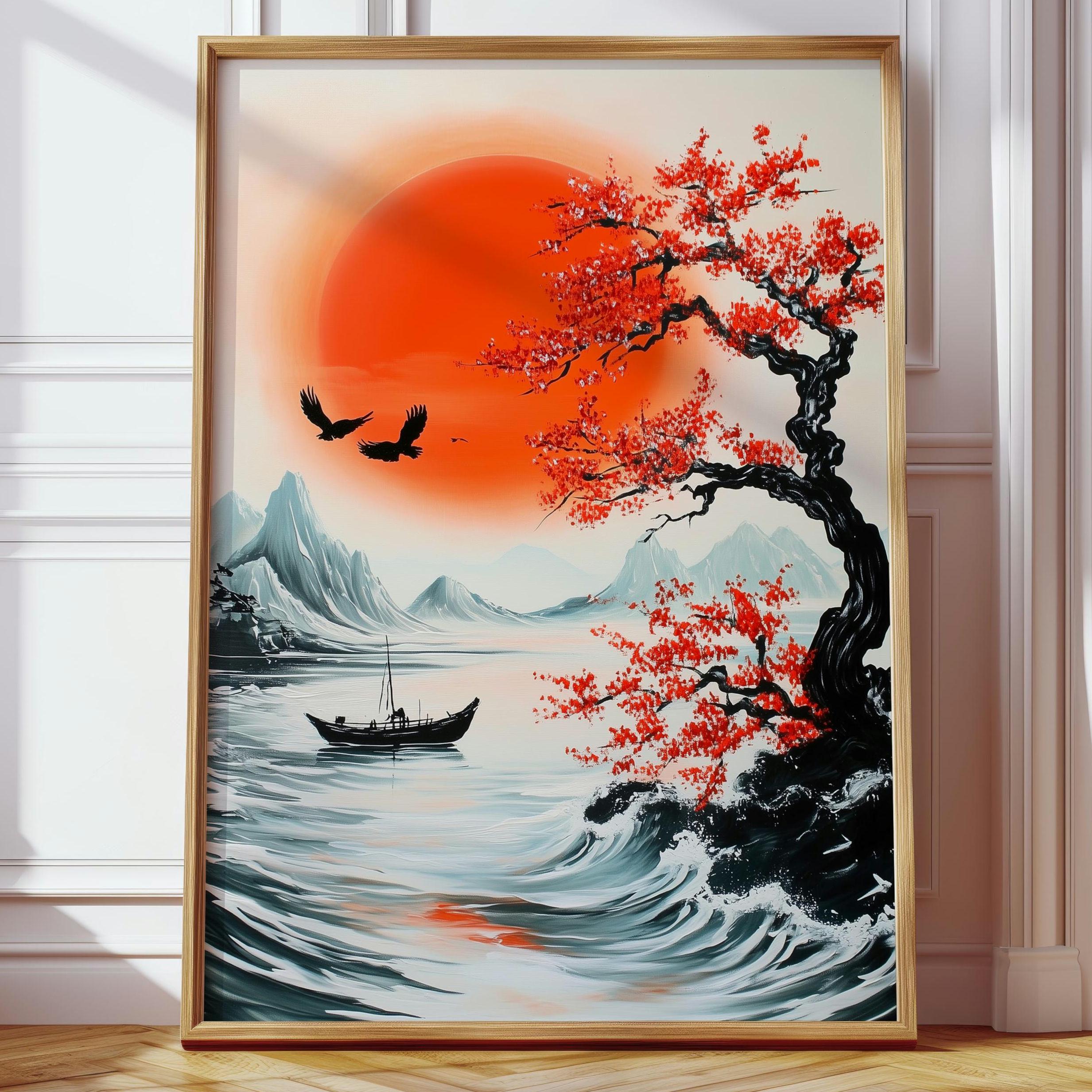 Japanese Red Sun and Boat Poster | Japanese Minimal Art Print