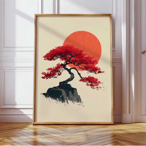Japanese Red Sun Tree Poster | Japanese Minimal Art Print | Bonsai