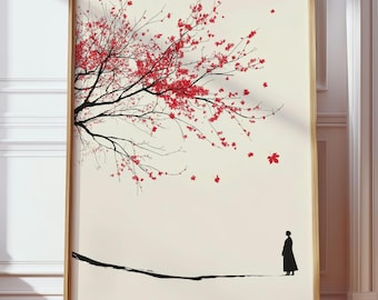 Japanese Maple Tree Poster – Minimalist Red Leaves Wall Art, Zen Landscape Painting, Oriental Decor Gift