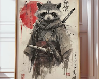 Japansk tvättbjörnsamuraiposter - Unikt konsttryck med djurkrigare - Snygg ninjadekor - Perfekt present till honom eller tonårsrummet
