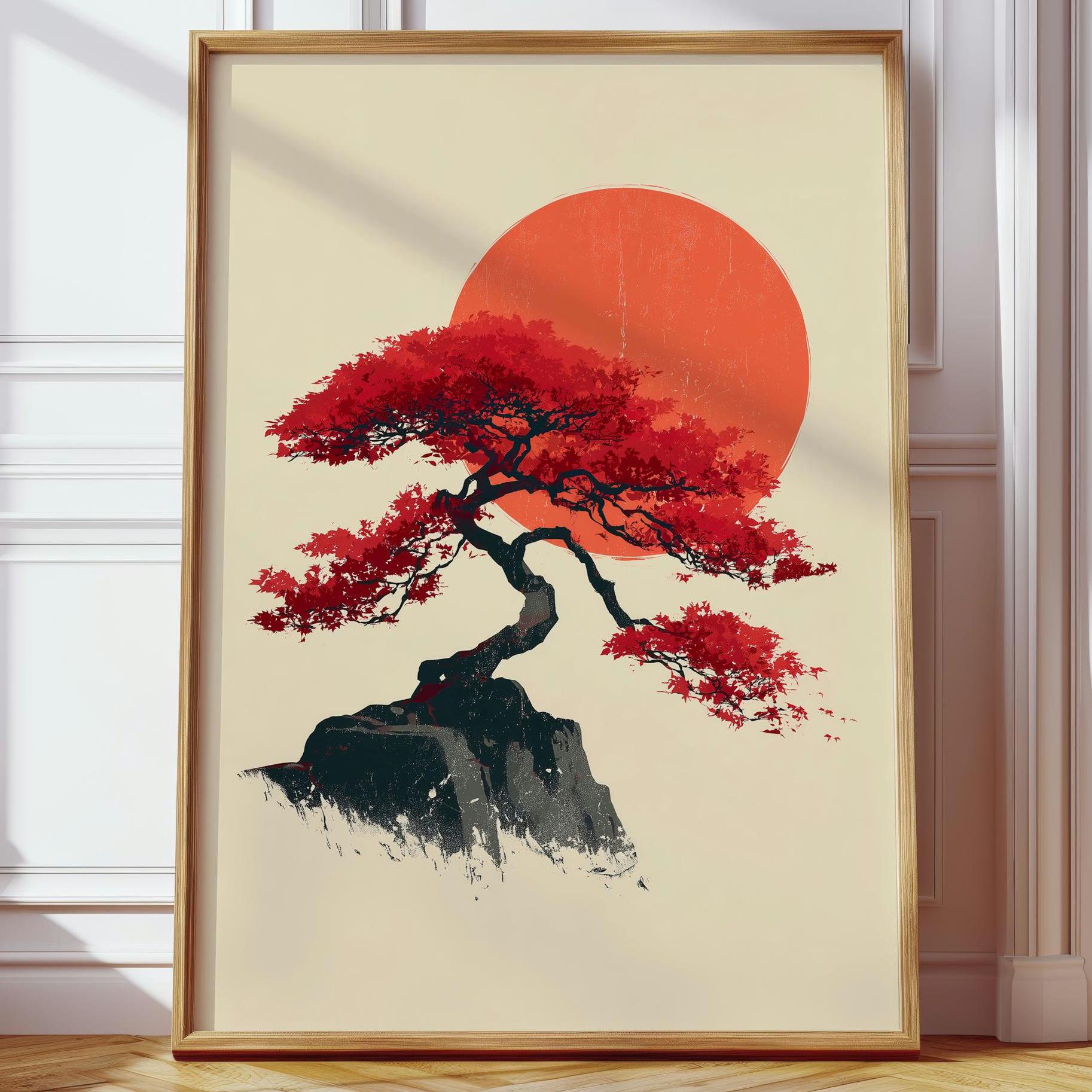 Japanese Red Sun Tree Poster | Japanese Minimal Art Print | Bonsai