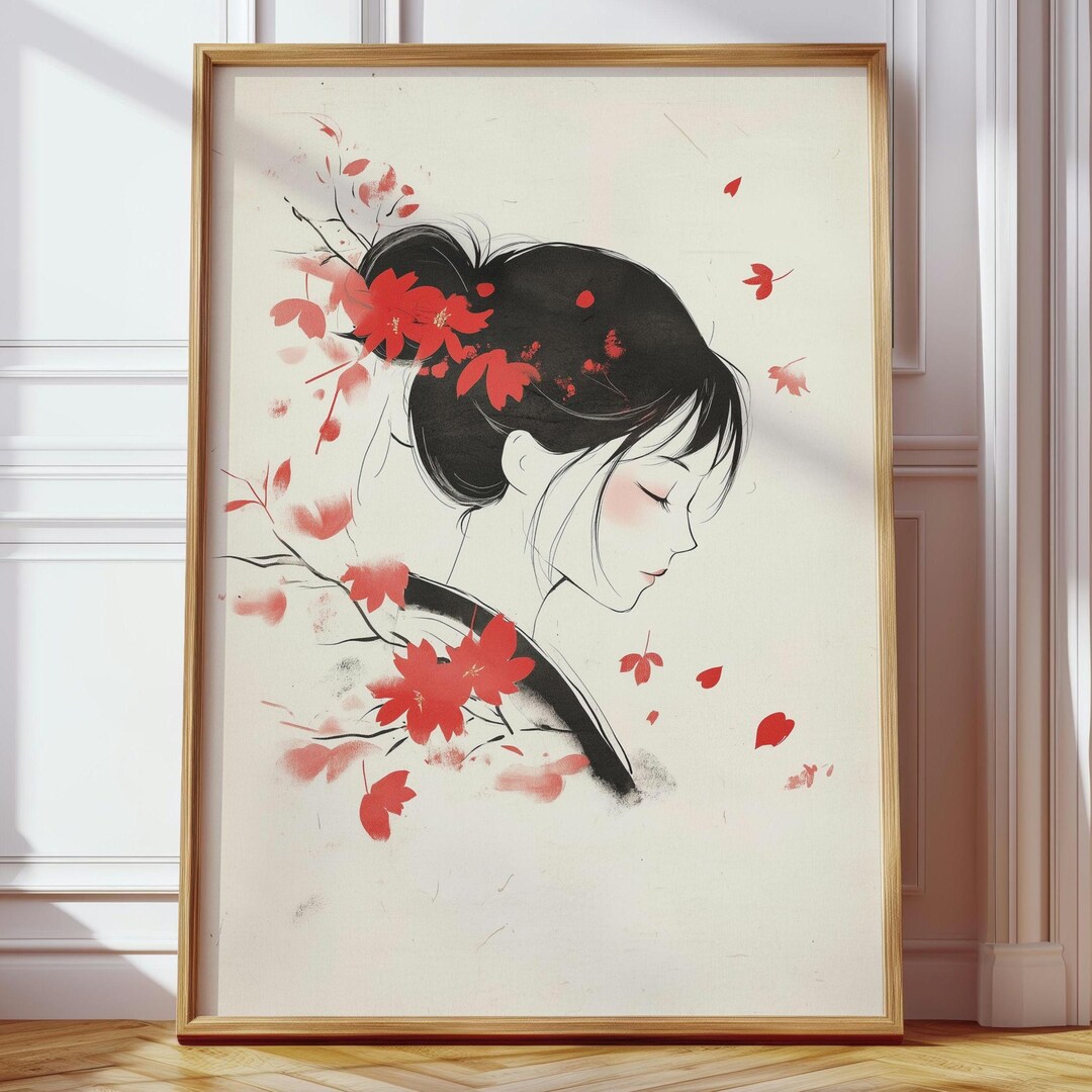Japanese Geisha Minimalist Poster | Red Maple Art Print | Japanese Wall ...