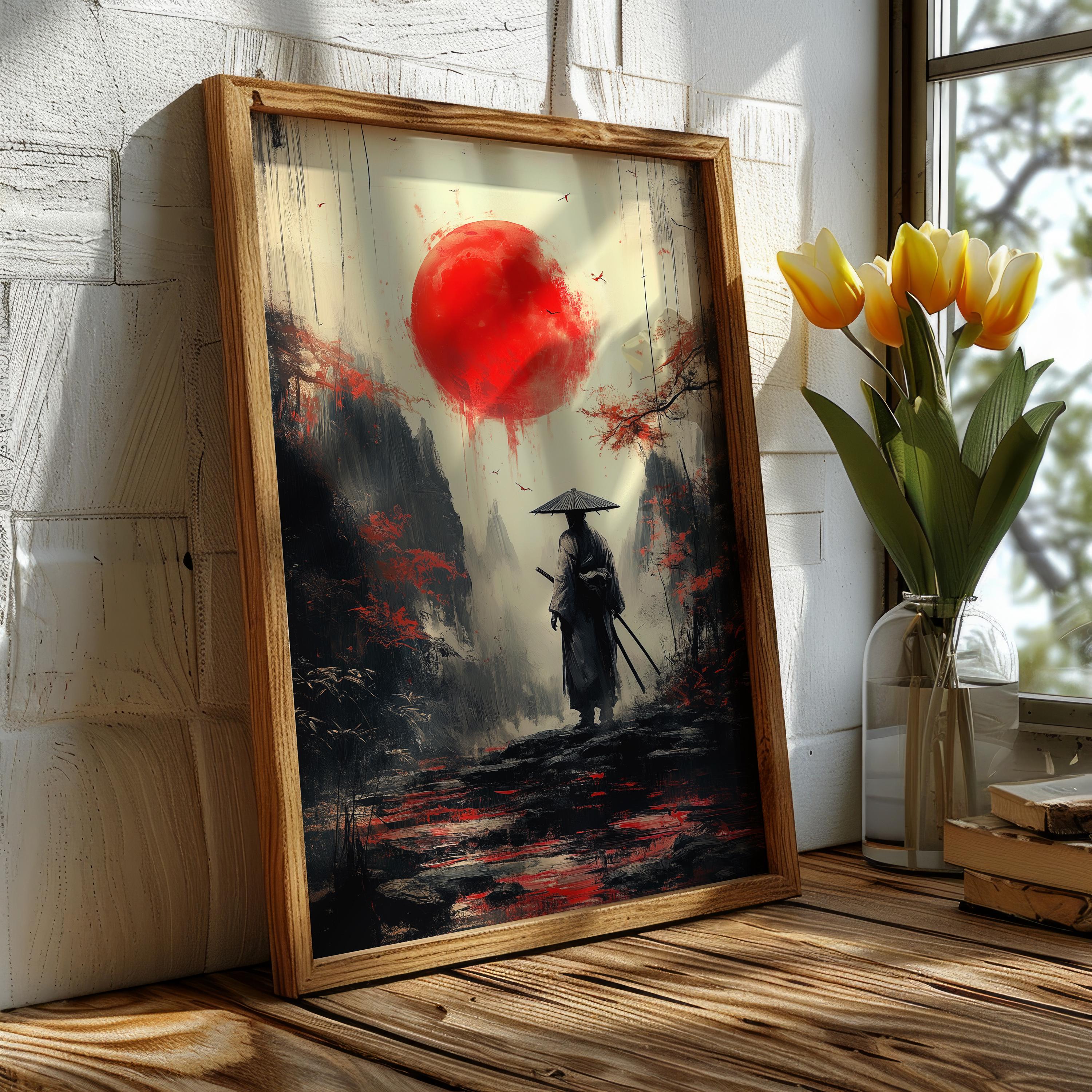 Japanese Samurai Sun Poster – Misty Mountains Red Sun Wall Art