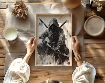 人物画 冷軍 手描き 油画 インテリアアート 約104×72cm 日本の忍者墨絵ポスターギフト | 影絵忍者ウォールアート | 墨絵忍者