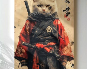 Samurajkattposter – Japansk krigarkattväggkonst, traditionellt Ukiyo-e-inspirerat tryck