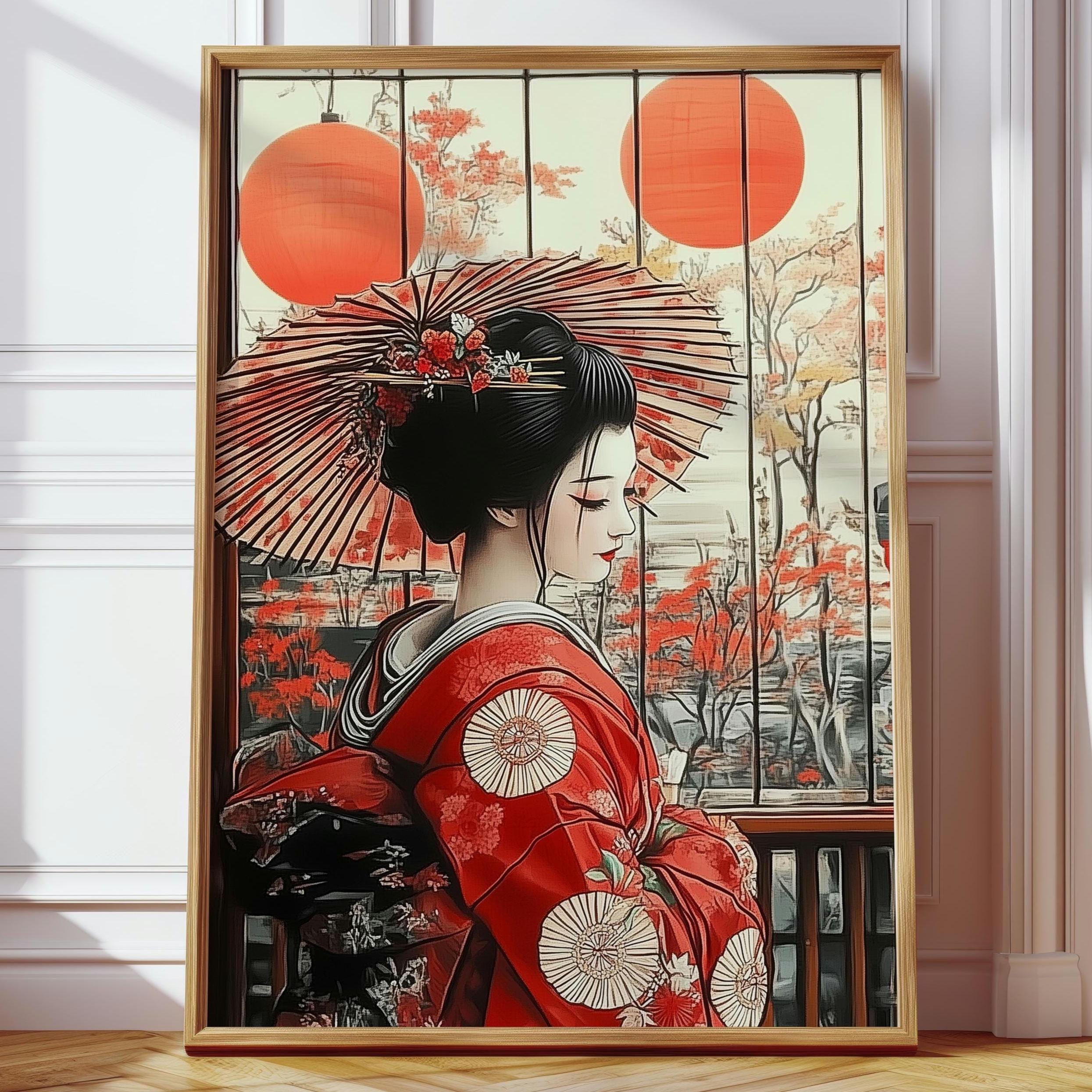 日本の芸者ウォールアート - 日傘と提灯をあしらった赤い着物の