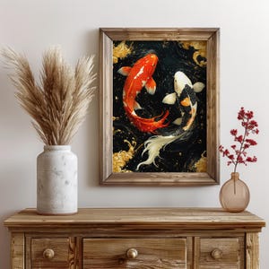 Japansk Koi-fiskposter – Väggkonst med röd och svart karp, målning av Yin Yang-symbol, orientalisk heminredningsgåva bild 3