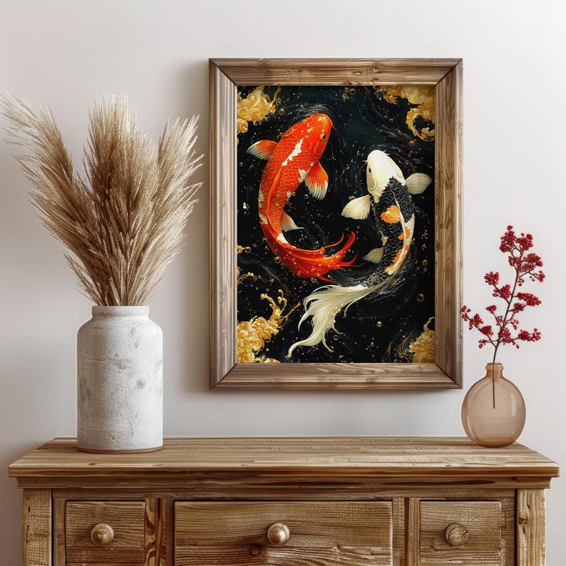 Japansk Koi-fiskposter – Väggkonst med röd och svart karp, målning av Yin Yang-symbol, orientalisk heminredningsgåva bild 3