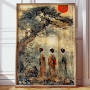 May include: A framed print of a traditional Japanese painting. Three women in kimonos stand beneath a large tree, with a red sun in the background. The artwork has a vintage, watercolor style with muted colors.