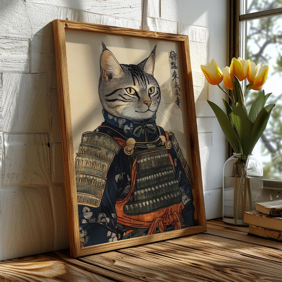 Japanese Samurai Cat Poster Gift Digital Download | Warrior Cat Wall ...