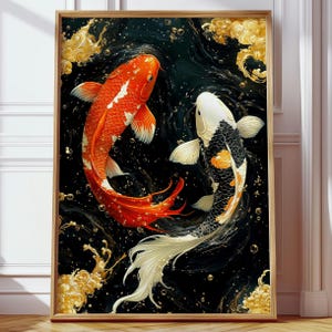Japansk Koi-fiskposter – Väggkonst med röd och svart karp, målning av Yin Yang-symbol, orientalisk heminredningsgåva bild 1