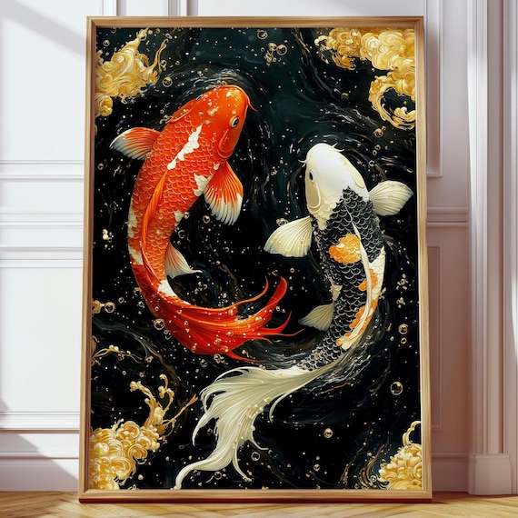 Japanese Koi Fish Poster – Red and Black Carp Wall Art, Yin Yang Symbol Painting, Oriental Home Decor Gift