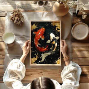 Japansk Koi-fiskposter – Väggkonst med röd och svart karp, målning av Yin Yang-symbol, orientalisk heminredningsgåva bild 7