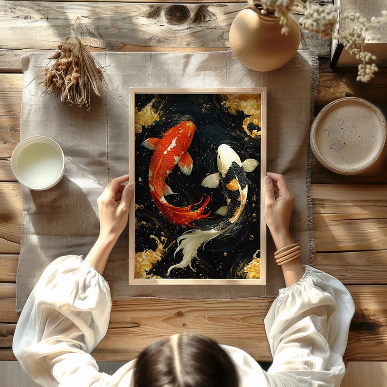 Japansk Koi-fiskposter – Väggkonst med röd och svart karp, målning av Yin Yang-symbol, orientalisk heminredningsgåva bild 7