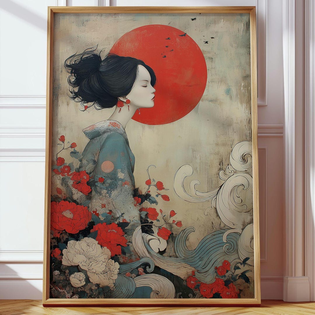 Japanese Geisha Wall Art Poster – Elegant Kimono Lady With Red Sun and ...