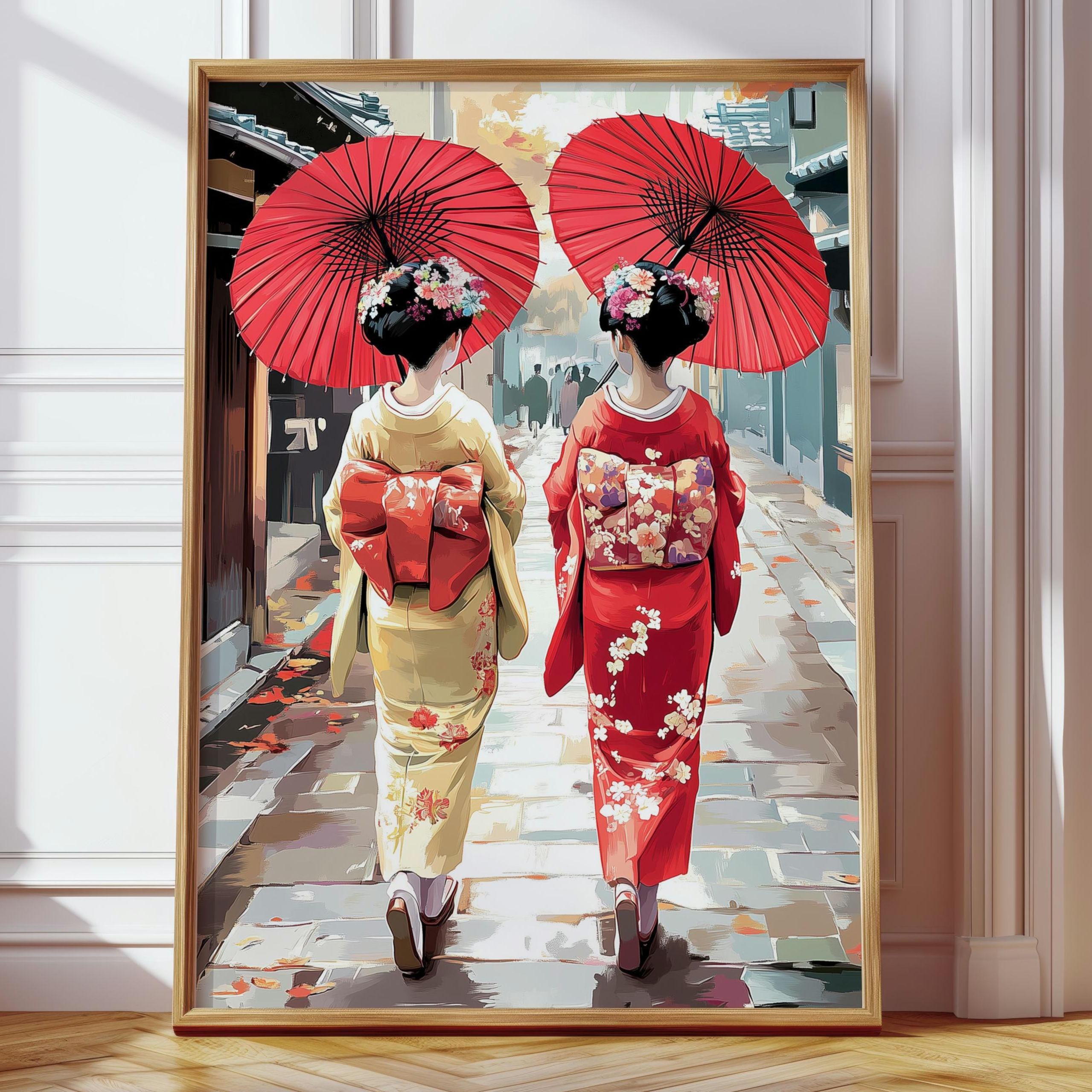 Japanese Geisha Umbrella Wall Art – Traditional Kyoto Street