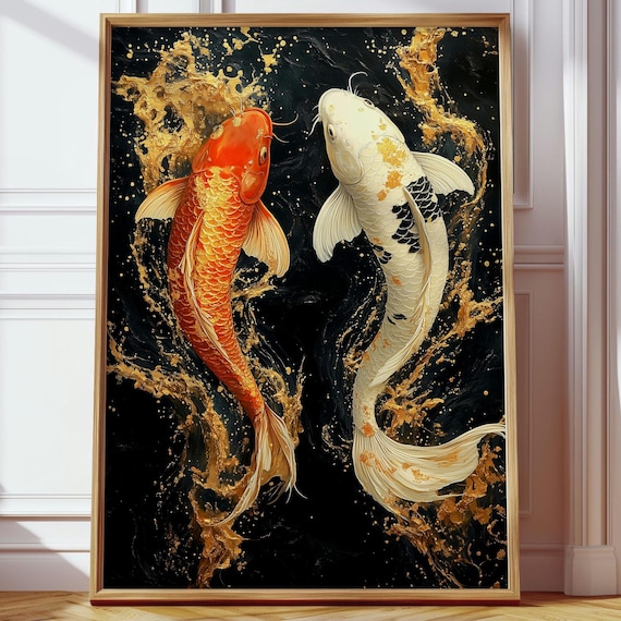 『白と金の鯉』F10 油彩画 絵画 oil painting art Japanese Koi Fish Wall Art – Red and White Gold Koi Painting