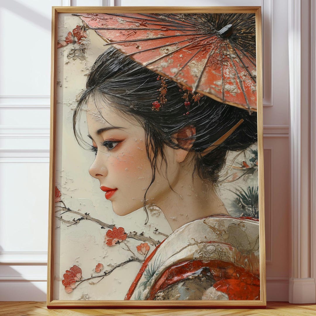 Japanese Geisha Wall Art Print – Elegant Asian Woman With Red Parasol ...