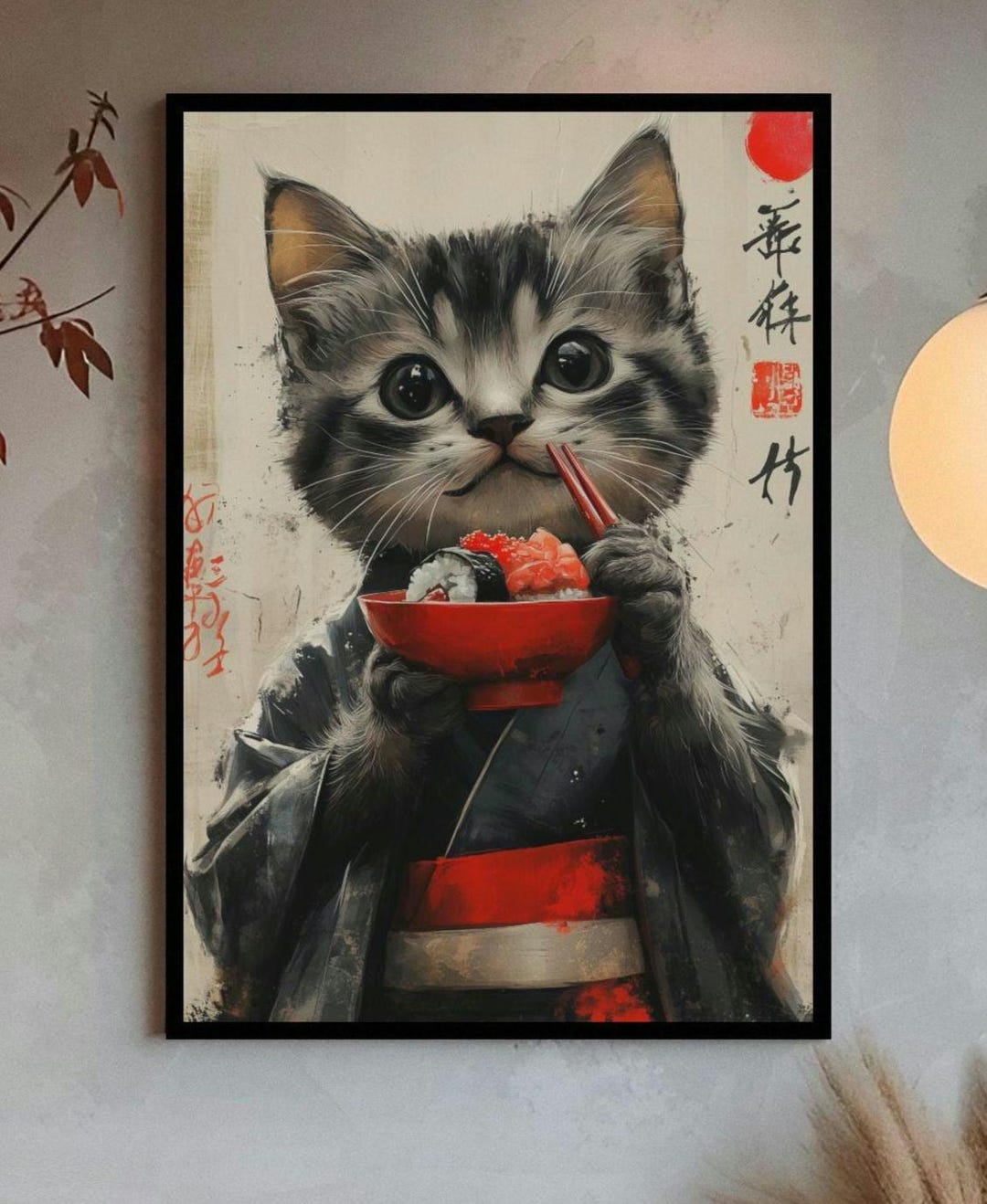Cute Cat Eating Sushi Poster – Japanese Vintage Wall Art – Kawaii ...