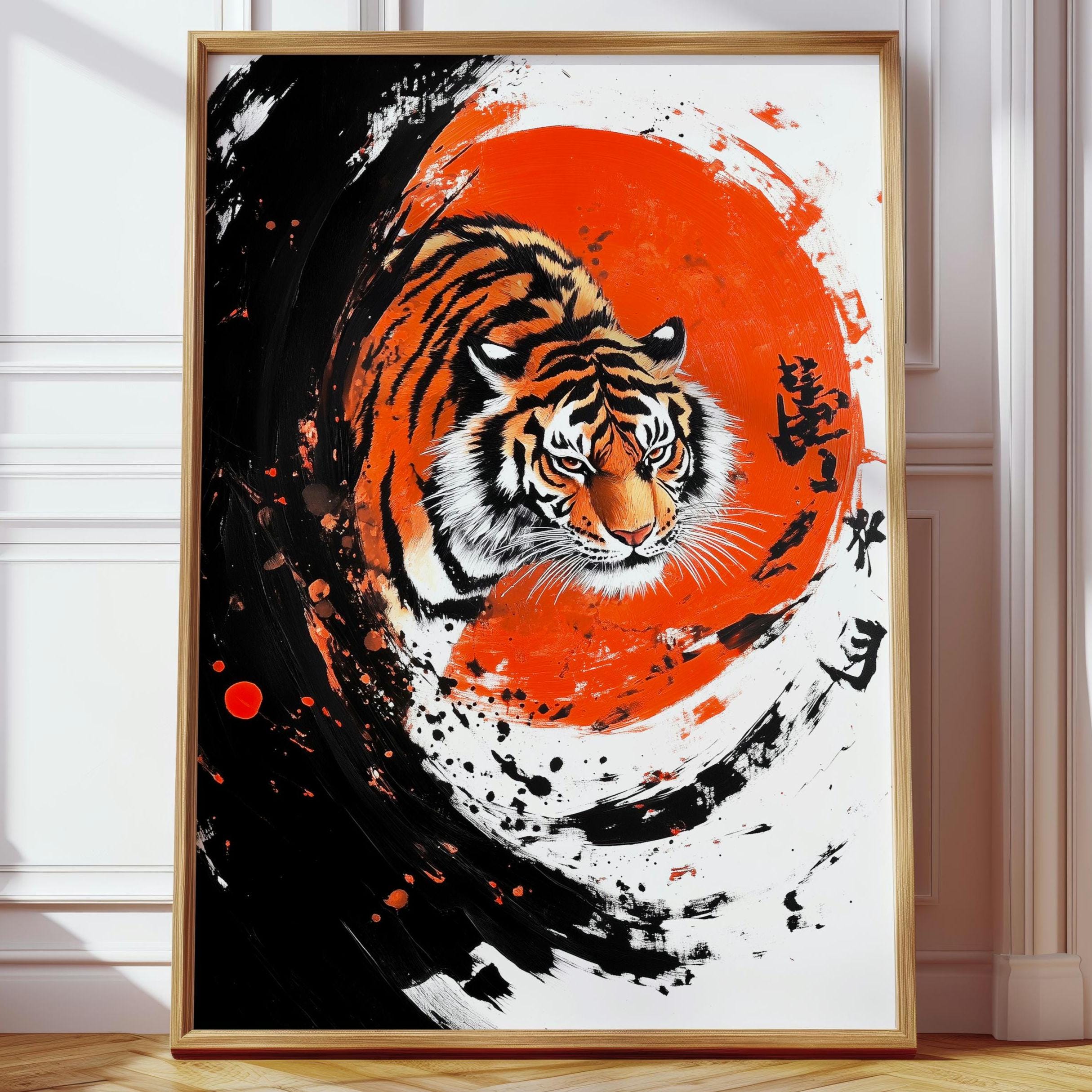 絵画 Tiger Japanese Tiger Poster – Red Sun Samurai Ink Wall Art, Bold Sumi-e
