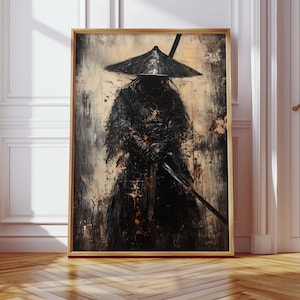 Könnte beinhalten: Abstrakte Malerei eines Samurai-Kriegers in schwarzem Gewand und Hut, der ein Katana hält. Das Kunstwerk hat einen strukturierten, malerischen Stil mit einer neutralen Farbpalette aus Schwarz, Beige und Gold, gerahmt in einem Holzrahmen.