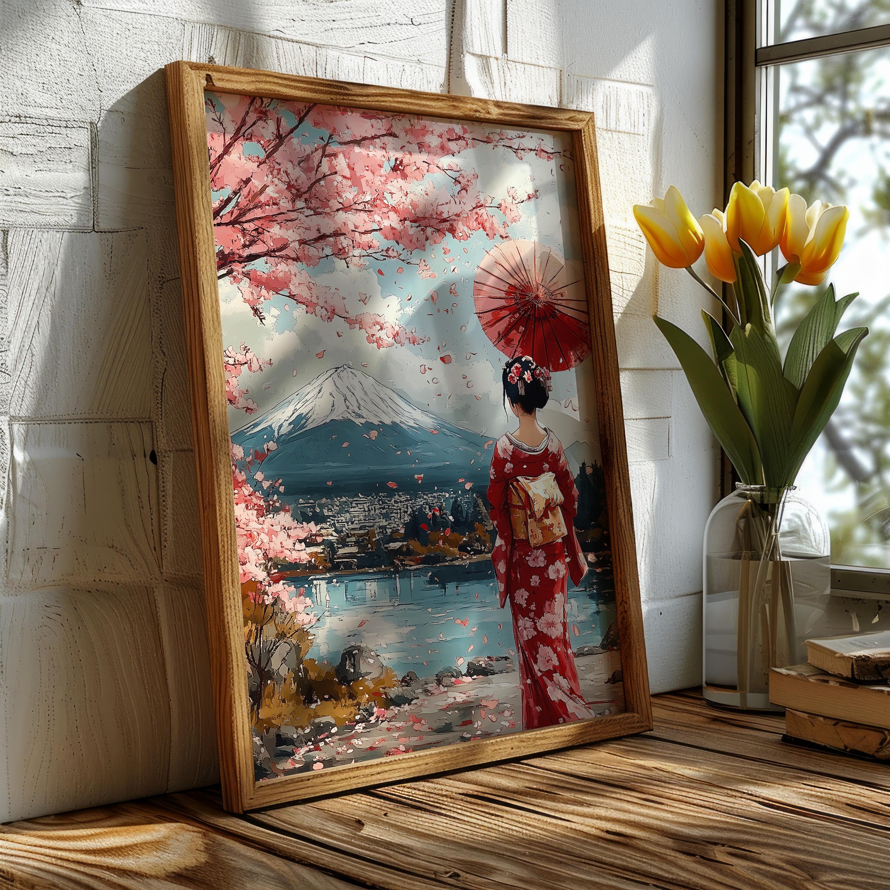 Japanese Geisha Fuji Poster – Cherry Blossom Wall Art, Traditional
