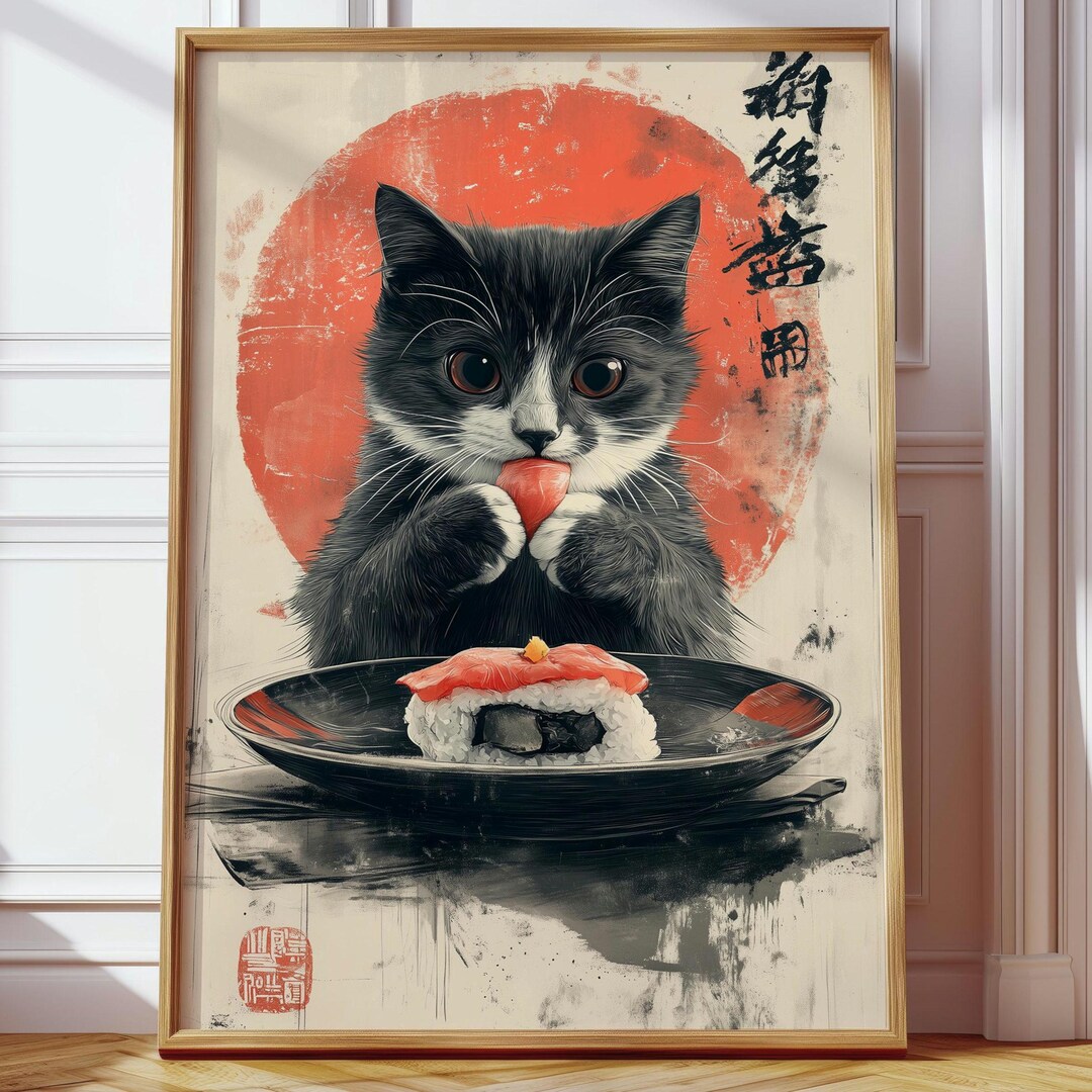 その他 Kota Kawai Chair Archive Poster Cat Sushi Poster – Japanese Kawaii Cat Wall Art – Funny Cat Print