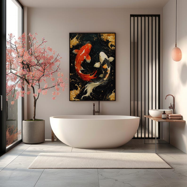 Japansk Koi-fiskposter – Väggkonst med röd och svart karp, målning av Yin Yang-symbol, orientalisk heminredningsgåva bild 6