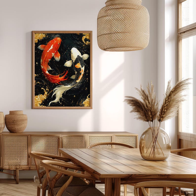 Japansk Koi-fiskposter – Väggkonst med röd och svart karp, målning av Yin Yang-symbol, orientalisk heminredningsgåva bild 10