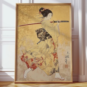 Japanese Female Samurai Poster | Golden Ukiyo-e Wall Art | Samurai Woman with Katana | Ancient Japanese Art Print Gift