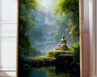 May include: A framed print depicting a tranquil scene with a seated Buddha statue before a waterfall. The image features verdant foliage and a calm pool of water. The artwork is presented in a wooden frame, creating a sense of peace.