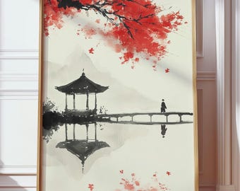 Japanese Watercolor Poster | Japanese Minimal Art Print | Red Maple Bridge Painting | Elegant Japanese Gift