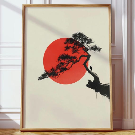 Japanese Bonsai Sun Poster – Minimalist Red Circle Wall Art, Zen