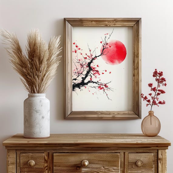 Sakura Red Sun Poster – Japanese Cherry Blossom Wall Art, Minimalist Ink Branch Painting, Oriental Gift