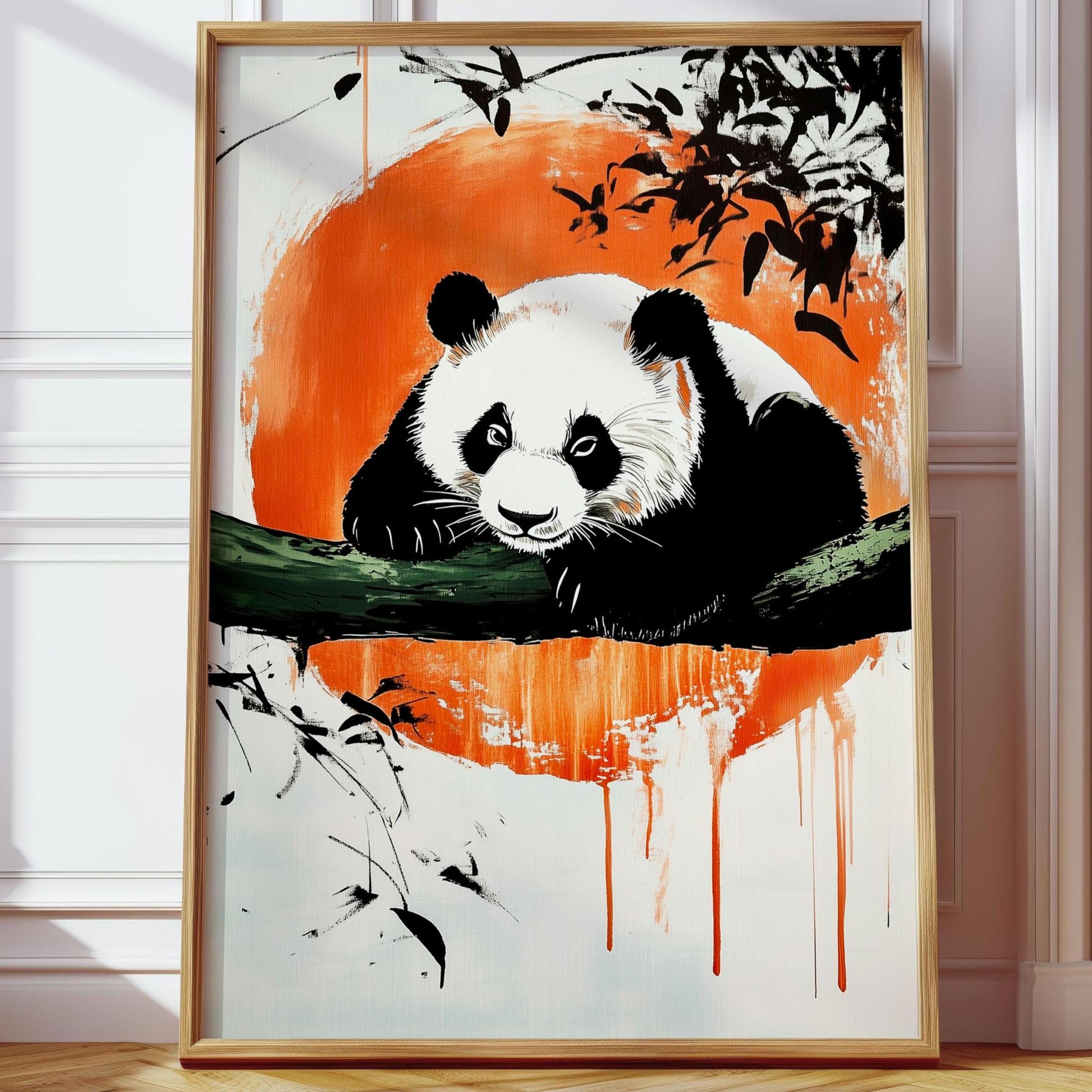 Giant Panda Rare Treasure 木製アート Japanese Panda Poster – Red Sun Animal Wall Art, Minimalist
