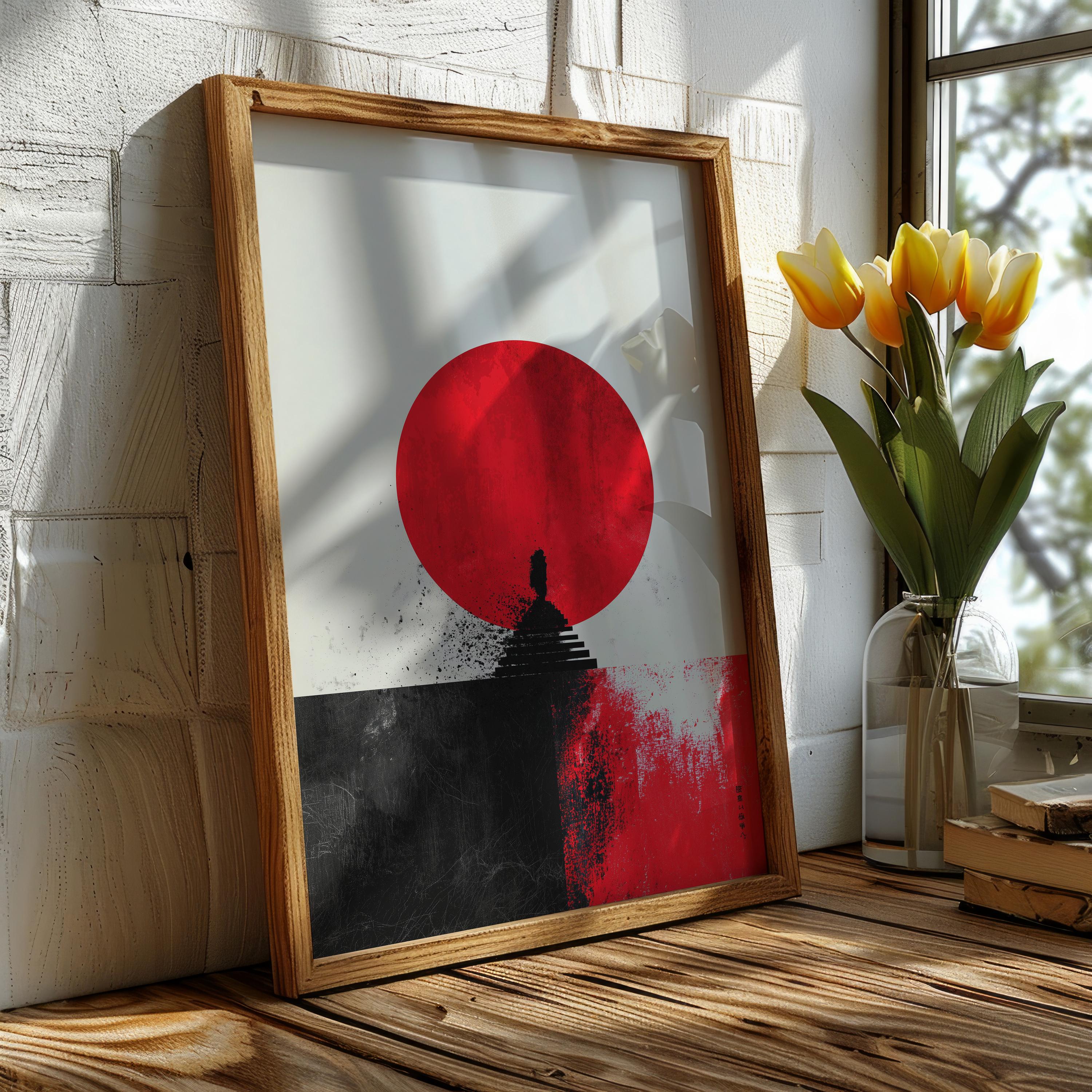 Zen Red Sun Poster – Japanese Minimalist Wall Art Print, Abstract
