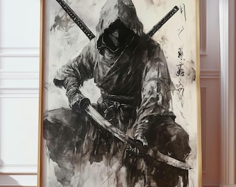 絵画　彩絵　墨彩絵　屏風絵　日本画　置物　インテリア　工芸品　美術品　A1587 日本の忍者墨絵ポスターギフト | 影絵忍者ウォールアート | 墨絵忍者