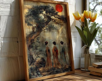 May include: Wooden framed artwork featuring an Asian-inspired landscape with three figures in traditional attire. A large tree and a red sun are prominent. The artwork is displayed on a wooden surface near a window with tulips.