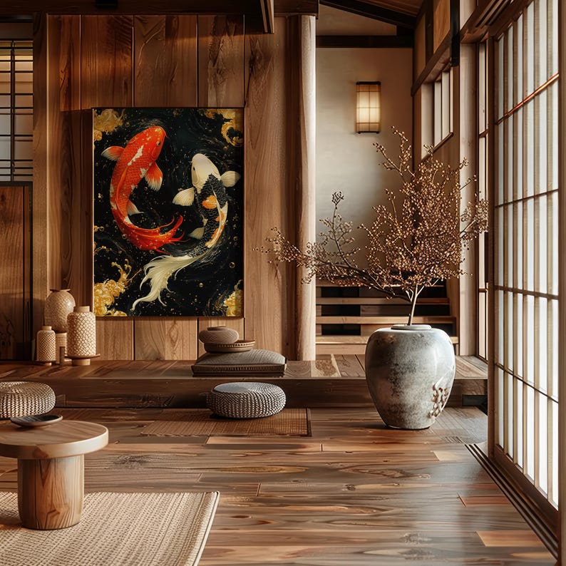 Japansk Koi-fiskposter – Väggkonst med röd och svart karp, målning av Yin Yang-symbol, orientalisk heminredningsgåva bild 9