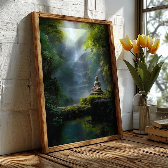 Buddha Waterfall Serenity Poster – Zen Meditation Wall Art