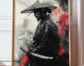 Japanese Samurai Red Ink Poster Gift | Katana Warrior Wall Art | Sumi-e Inspired Samurai Print | Modern Japanese Decor
