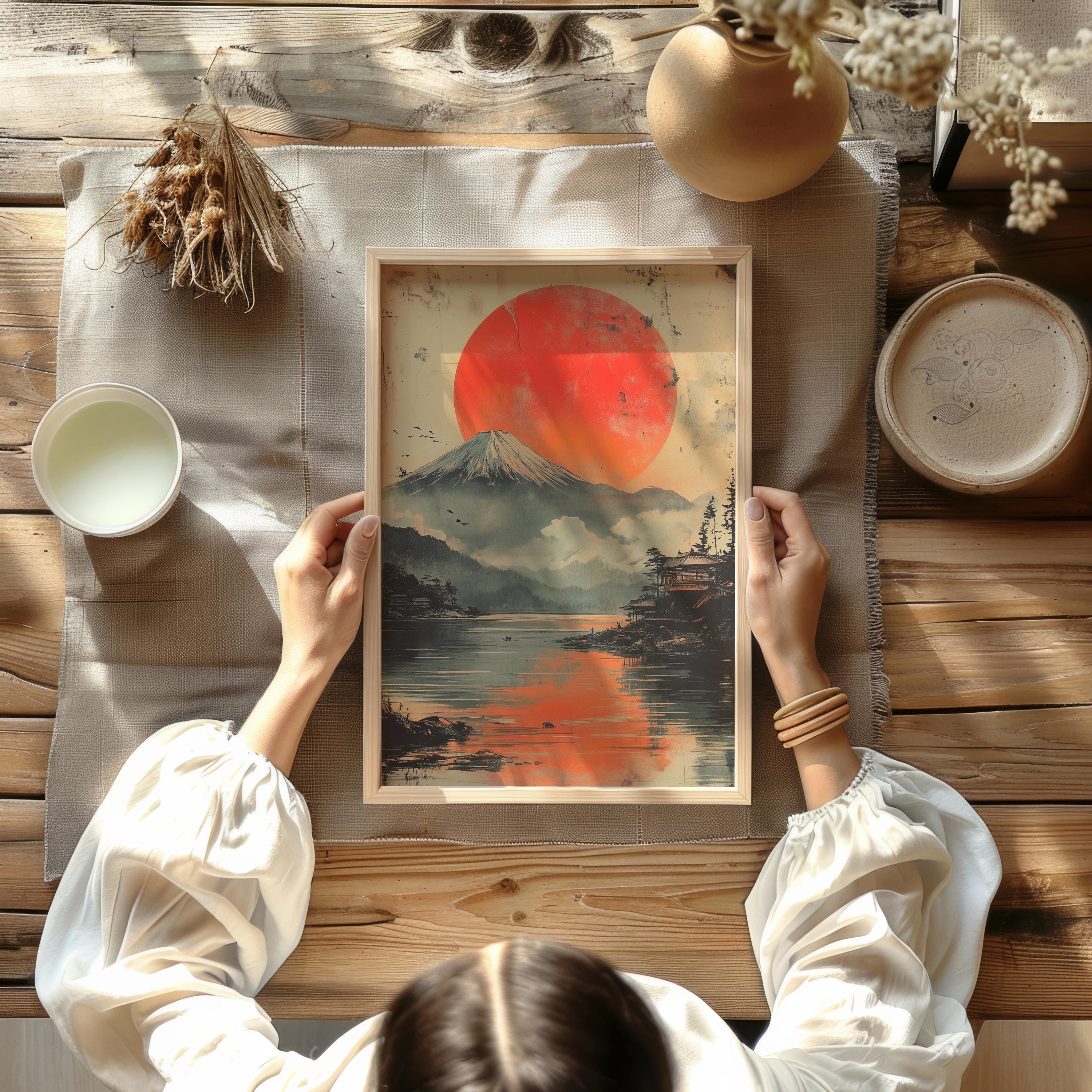 富士山 漆喰画 絵画 夕日 43×52 富士山の色はなに色？：現代の匠の技で